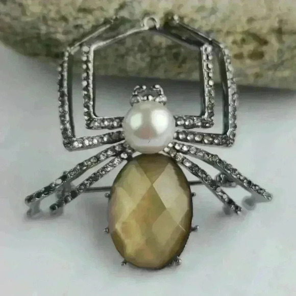 Rare Napier spider rhinestones brooch Silver tone with fuax pearl brown …